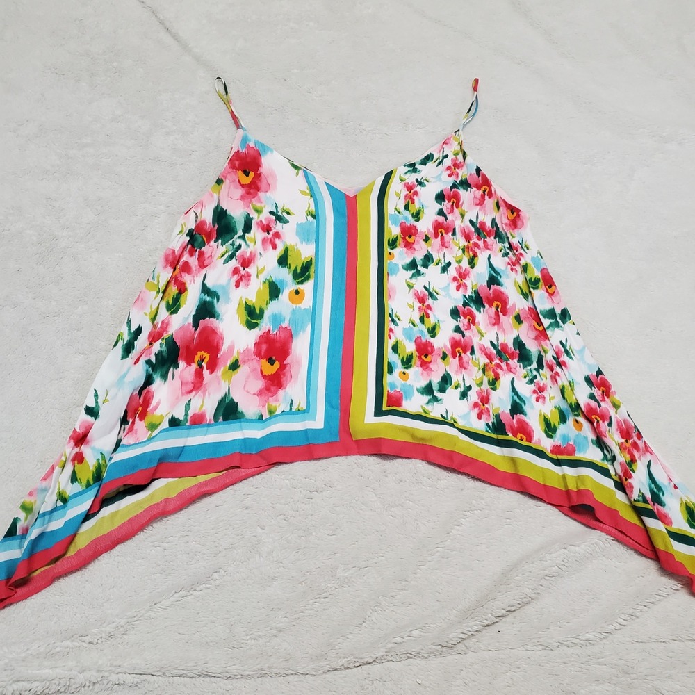 Zara White Pink Floral Banadana Spaghetti Strap Flowy Top Medium Casual Summer - Picture 2 of 8